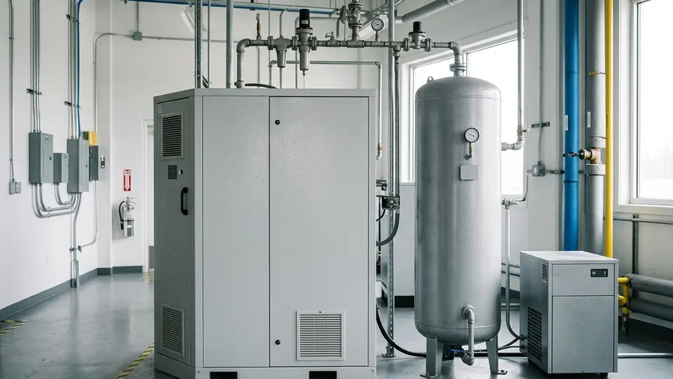 Compressor de parafuso com reservatório e secador em sala de compressores